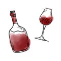 Vector illustration with a bottle and a glass of red wine in watercolor style Royalty Free Stock Photo