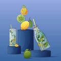 Vector illustration from bottle of lemonade, glass of juice, lime, lemon slice of lemon.