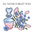 Vector illustration with bottle of love potion and forget me nots Royalty Free Stock Photo