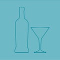 Vector illustration of bottle martini with one glass. Lines art design. Minimalism for icons. Alcoholic product for restaurants