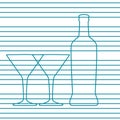 Vector illustration of bottle martini with two glasses. Lines art, flat design. Minimalism for icons. Alcoholic product for