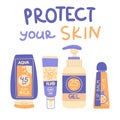 Vector illustration of a bottle of SPF cosmetics with an inscription. Hand-drawn design of a various of sunscreen to Royalty Free Stock Photo