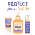 Vector illustration of a bottle of SPF cosmetics with an inscription. Hand-drawn design of a various of sunscreen to Royalty Free Stock Photo