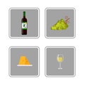 Bottle of white wine, wine glass, grapes and cheese, icons Royalty Free Stock Photo