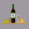 Bottle of white wine, wine glass, grapes and cheese, isolated on gray background Royalty Free Stock Photo