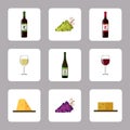 Bottle of wine, wine glass, grapes and cheese, icons Royalty Free Stock Photo