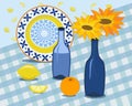 Vector illustration bottles, flowers and citrus. Still life made in triad of blue cyan and orange