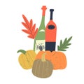 Vector illustration with bottles of young wine, bright orange pumpkins and autumn leaves