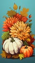 vector illustration of a bouquet of autumn flowers and pumpkins on a blue background