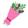 Vector illustration of a bouquet of flowers in a beautiful festive packaging. Valentine`s Day gift.