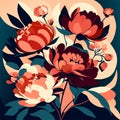 Vector illustration of a bouquet of peonies in a retro style. AI generated