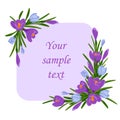 Vector illustration with bouquet of violet and blue crocuses. Frame for text with saffron flowers decoration Royalty Free Stock Photo