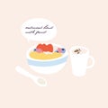 Vector illustration bowl of oatmeal breakfast with different fruits and cup of coffee. Healthy vegan diet