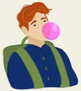 Vector illustration of a boy with backpack, chewing a bubble gum.