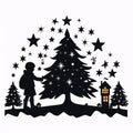 Black silhouette, tattoo of a boy, Christmas tree, stars on white isolated background. Vector Royalty Free Stock Photo