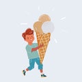 Vector illustration of boy enjoys eating a big ice-cream. Character on white background. Royalty Free Stock Photo