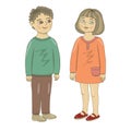 Vector illustration of a boy and a girl. Hand drawing. Brother and sister. Friends. Color, isolated, full-length, in a good mood,