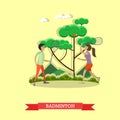 Vector illustration of boy and girl playing badminton, flat style. Royalty Free Stock Photo