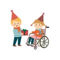 Vector illustration of boy giving gift box to little disabled girl in a wheelchair Royalty Free Stock Photo