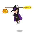 Vector illustration of boy in halloween costume flying on broomstick