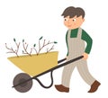 Vector illustration of a boy pulling wheelbarrow isolated on white background. Cute kid doing garden work. Spring gardening