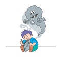 Vector illustration a boy is reading a scary book, a terrible ghost scares a child