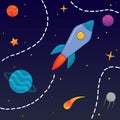 Vector illustration for a boy, rocket in space, stars and planets, cute cartoon Royalty Free Stock Photo