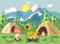 Vector illustration boy sings playing guitar, nature national park landscape, tents bonfire, chicken fried, snack, food