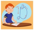 Vector illustration of a boy sitting at a desk writing cursive letters in a notebook. Shows proper formation of English letters. Royalty Free Stock Photo