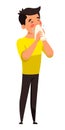 Vector illustration boy sneezes or blows nose in handkerchief