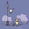 Vector illustration of boy waiting near clock