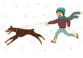 Vector illustration of a boy walking with a dog Doberman on the street in winter. In hat, in scarf, jacket, jeans, boots, mittens.