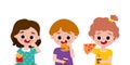 Vector Illustration Of Boys and girls eating fast food. kids eating pizza, french fries. children drinking cola and eating burger