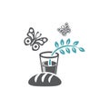 Vector illustration bread, butterflies and glass with water and a green branch with leaflets