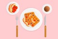 Vector illustration of breakfast with coffee waffles and berries on a pink background. Belgian waffles with blackberries