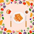 Vector illustration of breakfast with coffee waffles and berries on a pink background. Belgian waffles for postcard