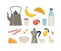 Vector illustration of breakfast tools and food. Royalty Free Stock Photo