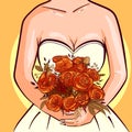 Vector illustration of a bride in a white dress holding a bohemian bouquet of flowers. Hands of a married woman