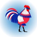 Stylized three-color chicken rooster isolated on a light blue background. Vector flat design.