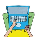 Vector illustration in bright colors of remote work at the computer. Drawn by hand in a doodle style. Cartoon. Comics