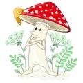 Vector illustration Bright red Spiteful fly agaric. Emotional character in a cartoon style. Poisonous mushroom, danger