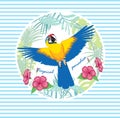 Vector illustration of a bright tropical bird parrot on a striped background. Colorful icon of tropical nature. Royalty Free Stock Photo