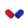 Vector illustration broke pill. White background. Blue pill. Red antibiotic. Sick sign. Empty pill. Flat design. EPS 10