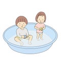 Vector illustration of brother and sister playing in inflatable swimming pool. Early childhood development activity, child playing Royalty Free Stock Photo