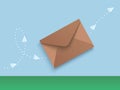 Vector illustration of brown flying envelope with direction indicated by white points and planes. Mail delivery concept Royalty Free Stock Photo