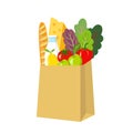 Vector illustration of brown paper groceries bag with fresh organic produce vegetables bell pepper tomatoes fruits milk bread