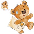 Vector illustration of a brown teddy bear carries in its paw a letter