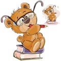 Vector illustration of a brown teddy bear with eyeglasses sits on a pile of books with a pencil in his paws and thinks