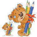 Vector illustration of a brown teddy bear holding in its paws a bunch of pencils