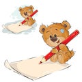 Vector illustration of a brown teddy bear holding a pencil in his paws and writing it on a paper